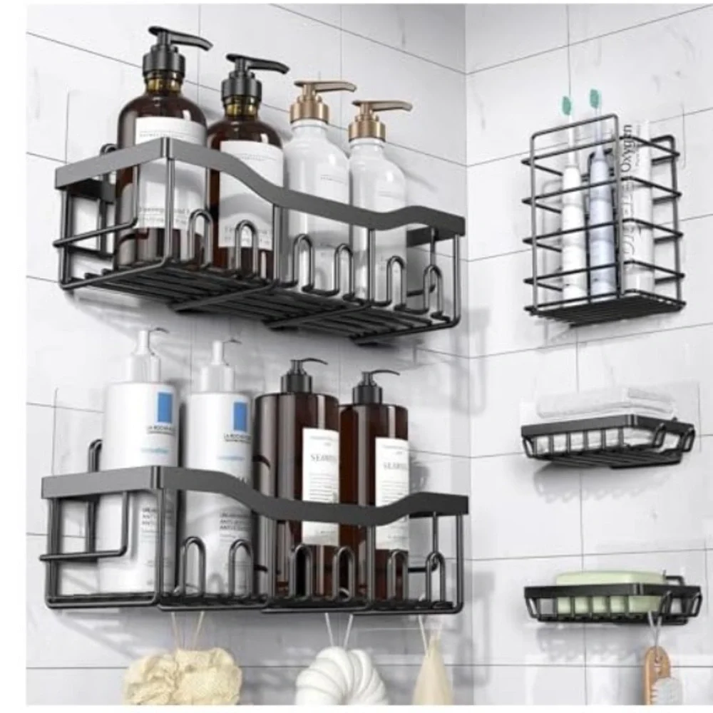 Eudele 5 Piece Black Adhesive Stainless Steel Shower Caddy Set